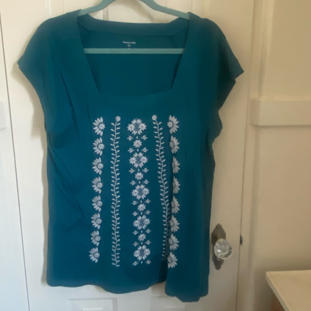 Garnet Hill Teal Havana Embroidered Knit Top M